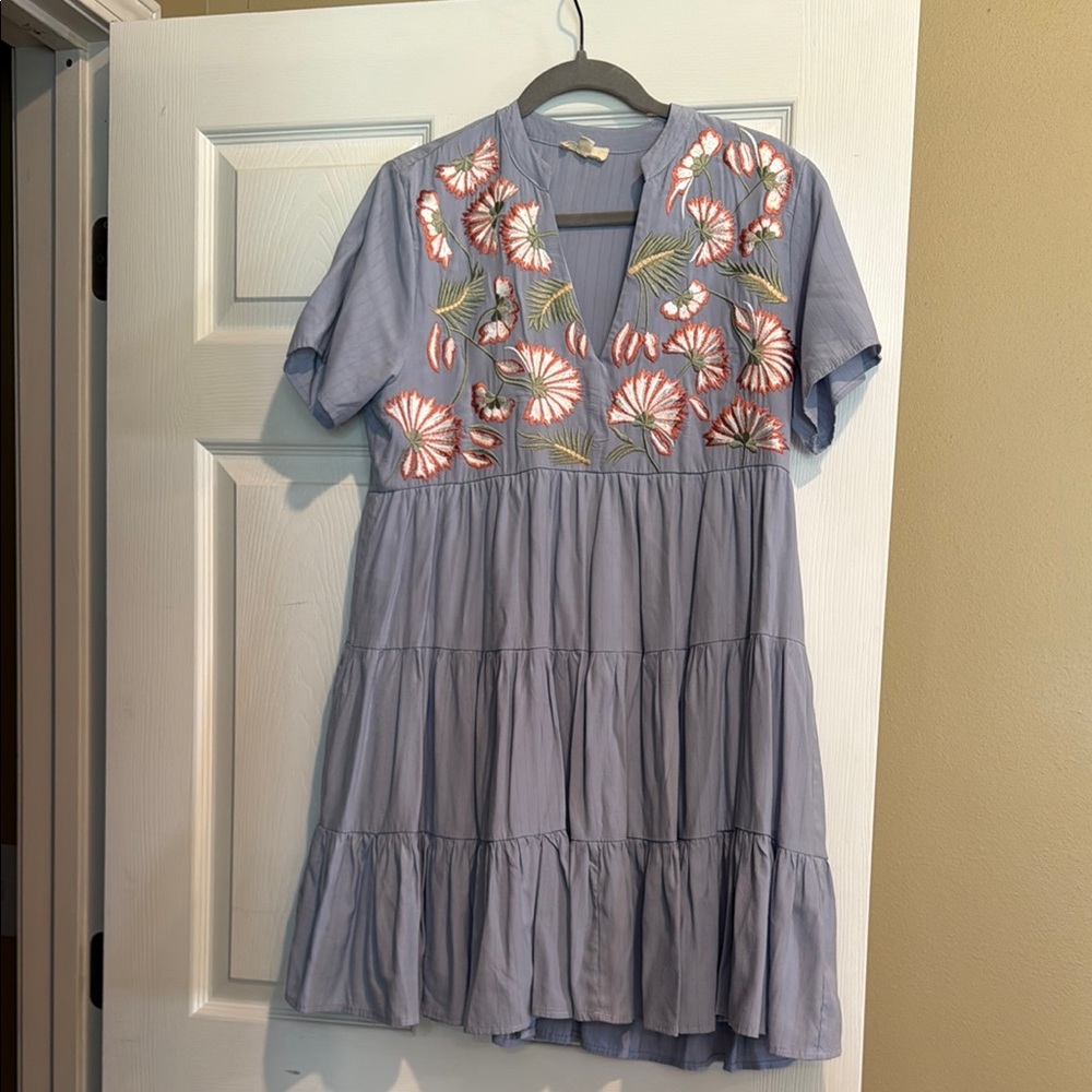 Entro Blue Ruffled Tiered Sundress with Flutter Sleeves